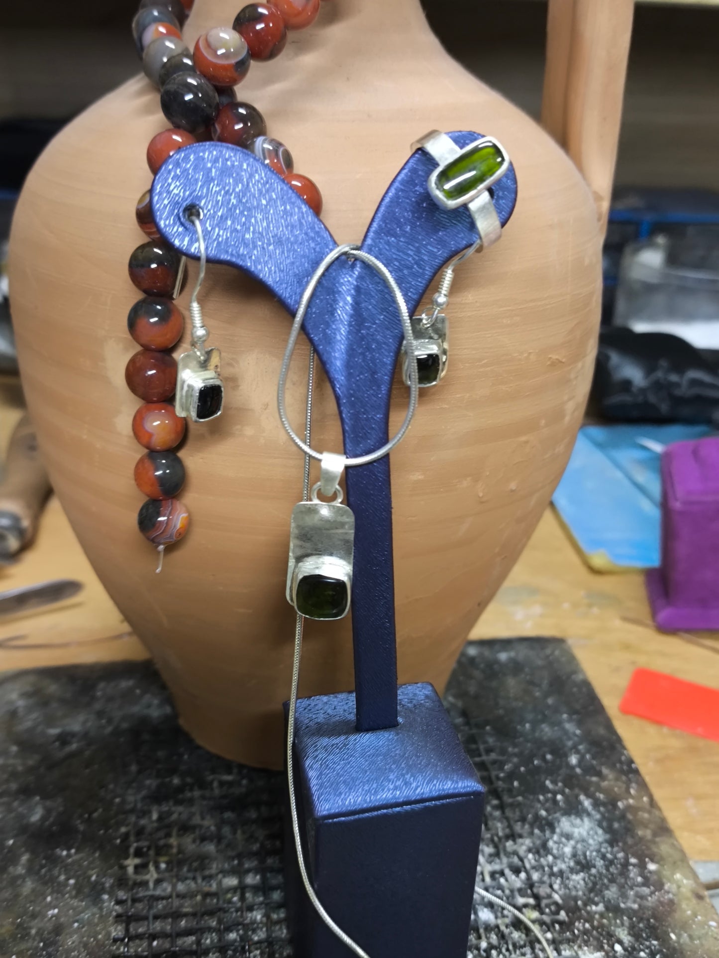 Turmalin taşlı Yüzük, Kolye, Küpe set