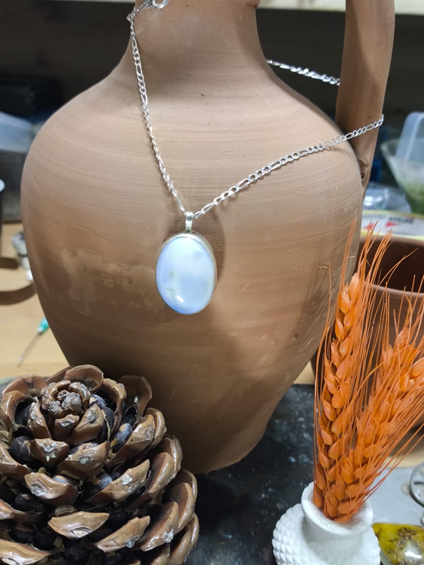 El Yapımı 925 Ayar Blue Opal Taşlı Kolye