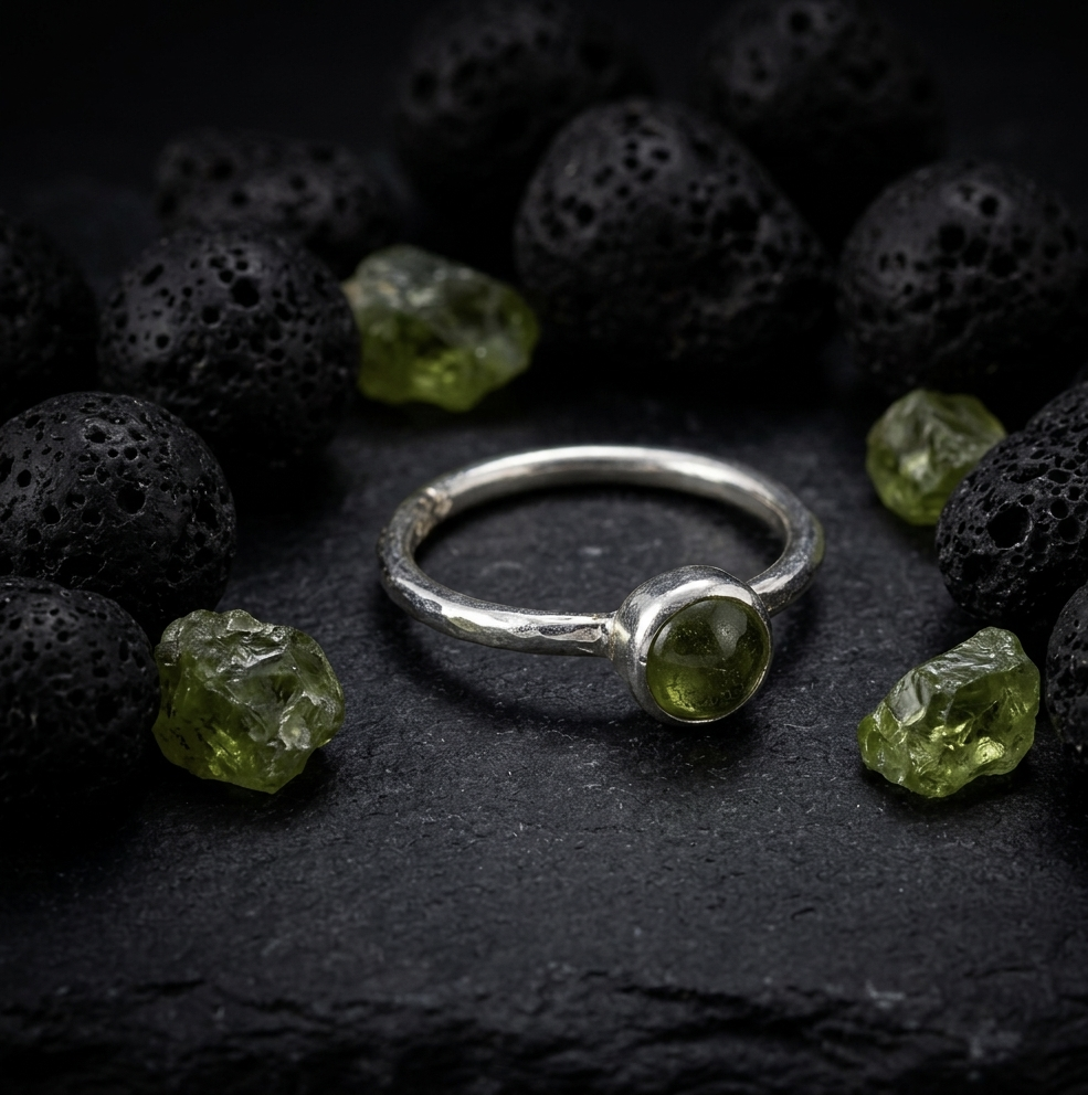 Peridot ( Zebercet) taşlı el yapımı gümüş yüzük